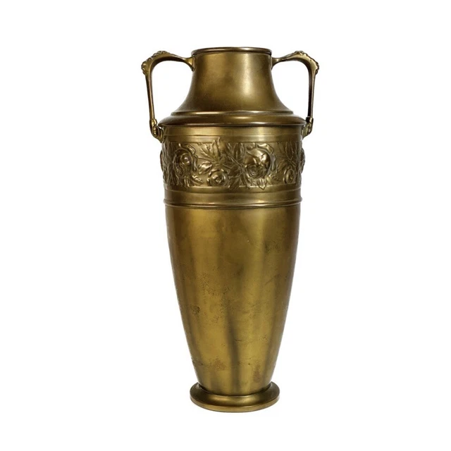 Art Deco Hand Hammered Brass Vase French Floral Embossed Marked