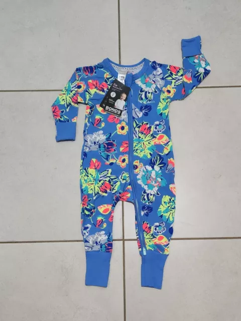 BNWT Baby Girls Bonds Zip Wondersuit Blue Floral Bodysuit Size 0