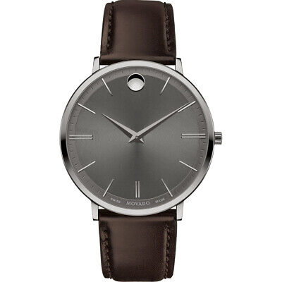 NEW MOVADO Ultra Slim Grey Dial Leather Strap Men's Watch 0607377