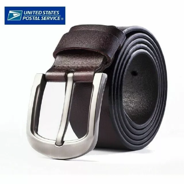 100% Genuine Leather Mens Belts Jeans Classic Belt Silver Buckle Black Brown USA