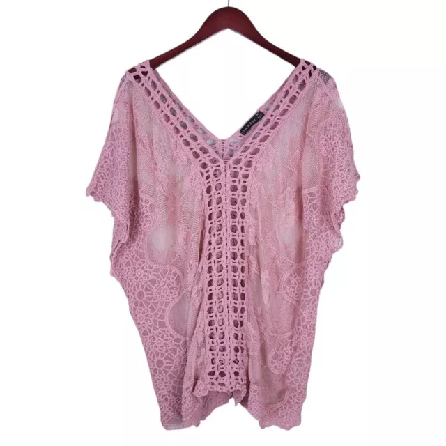 Ana & Rose Womens Pink Crochet Lace Embroidered Sheer Boho Top Size 3X