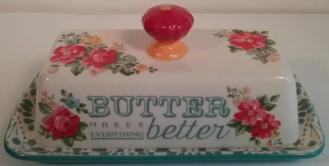Pioneer Woman Vintage Floral NEW Stoneware Butter Dish Red Teal Florals Tagged