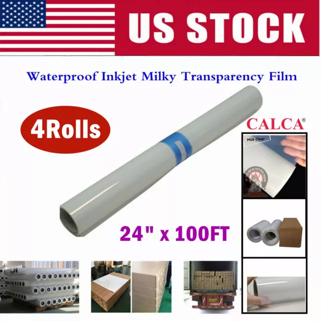 Bulk 4Roll/Pack 24" x 100FT Waterproof Inkjet Milky Transparency Film US Stock!