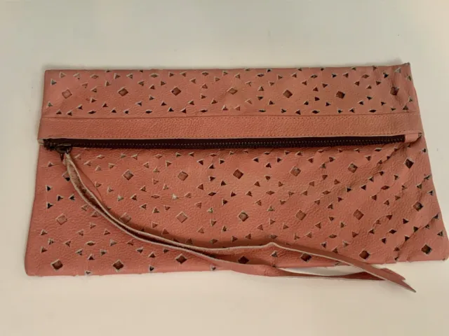 Cleobella Issa Pink Leather Boho Clutch Magnetic & Tassel Zip Closure Cutouts 2