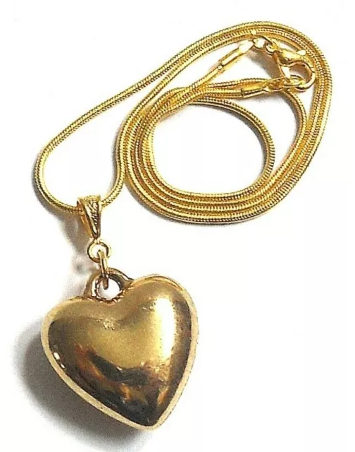 Puffed HEART Suspended from 16" Gold Plated Snake Chain/Necklace