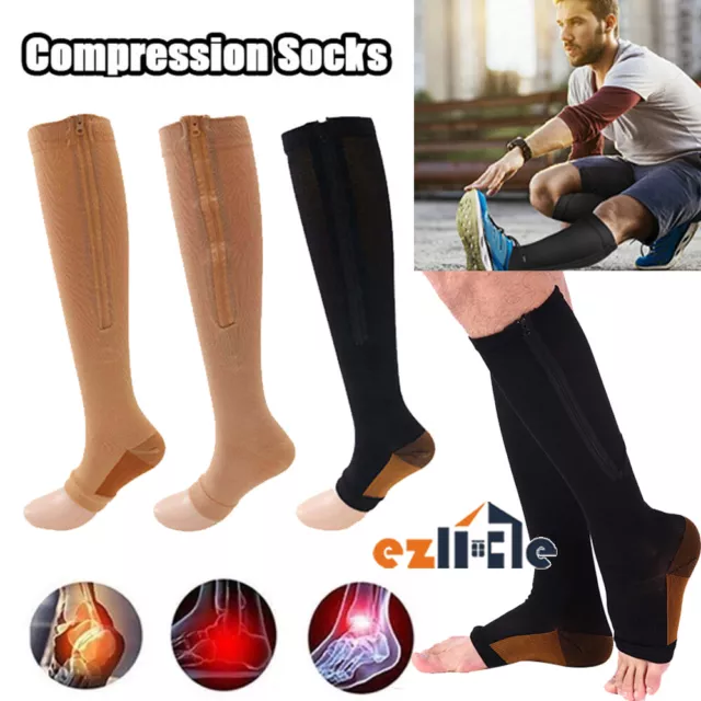 Zip Sox Compression Socks Zipper Leg Support Knee Open Toe Shaper Stockings New