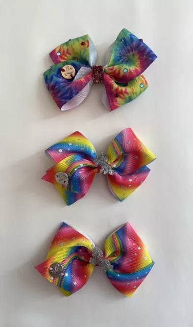 JoJo Siwa 3 in Rainbow Unicorn Bow Set and Tie Dye Rhinestone hair bows 3 Total