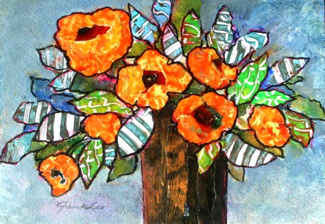 JANET LEO  sfa   ORIGINAL MIXED MEDIA   collage   HAPPY DAYS AHEAD   floral