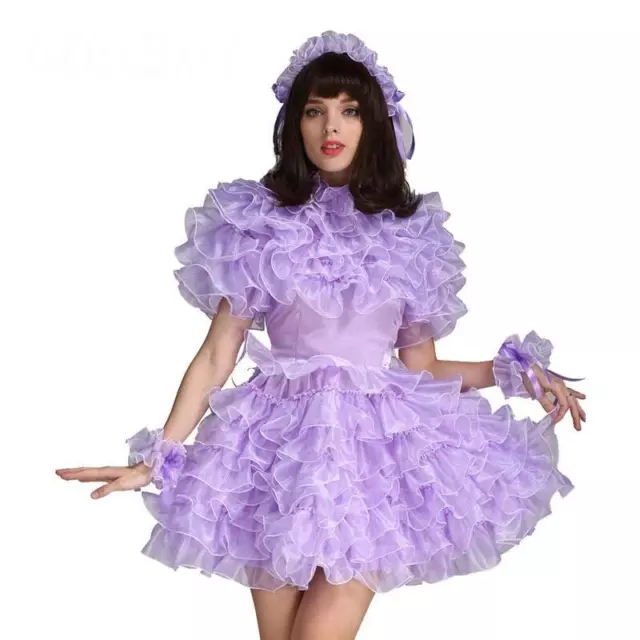 Girl Sissy Maid Purple Satin Organza Lockable Dress Cosplay Costume