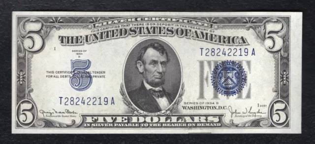 1934-D $5 Five Dollars Silver Certificate Currency Note Choice Uncirculated (C)