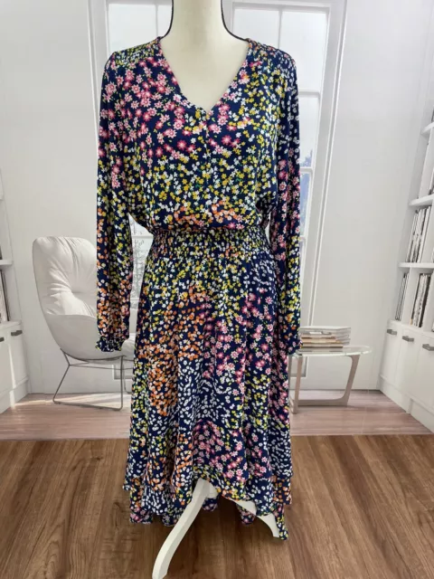 $265 Nanette Lepore Womens Floral Print Mock-Neck Smocked Waist Midi Dress Sz 12