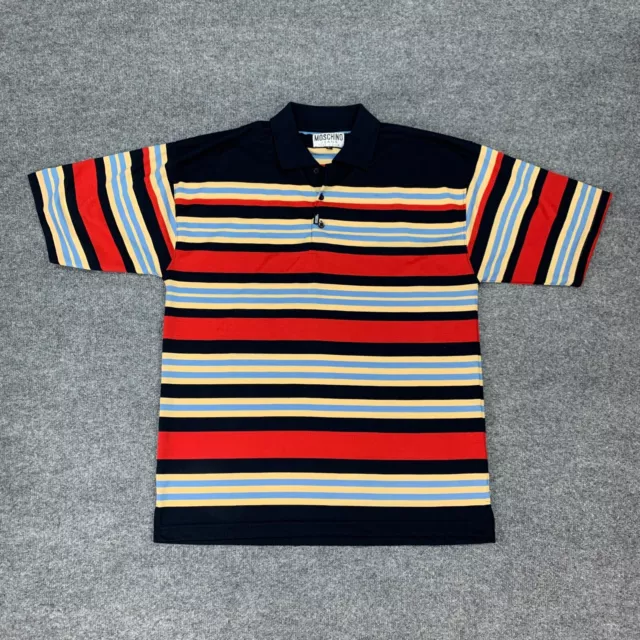 Vintage Moschino Polo Shirt Mens L Large Navy Blue Multi Striped Short Sleeve 2