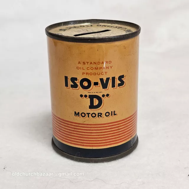 Antique Iso-Vis "D" Motor Oil Tin Litho Still Bank Can Gas Service Station Promo