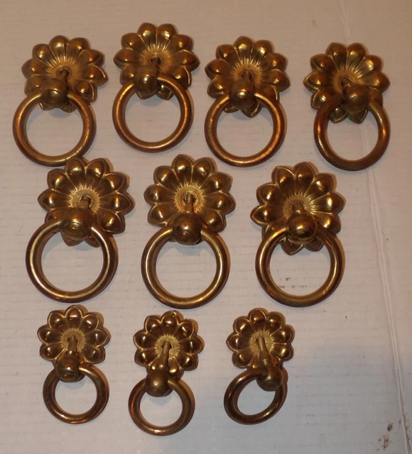 Vintage Antique Drop Ring Flower Drawer Pulls 2" & 3" Back Plate Brass/Bronze