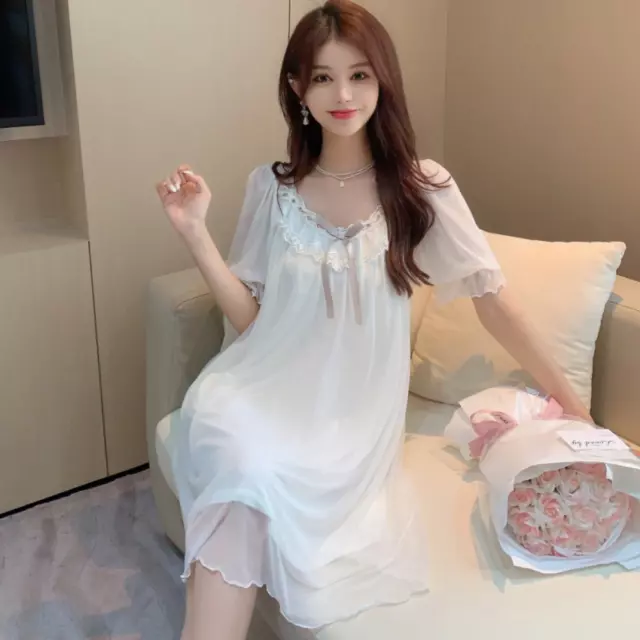 Lolita Lady Girl Lace Nightdress Mesh Nightwear Nightgown Sheer Cute Dress Fairy