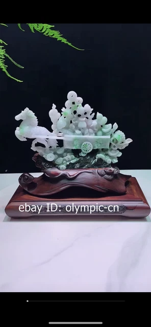 11'' Top natural jadeite jade home fengshui fortune horse pull a wealth cart
