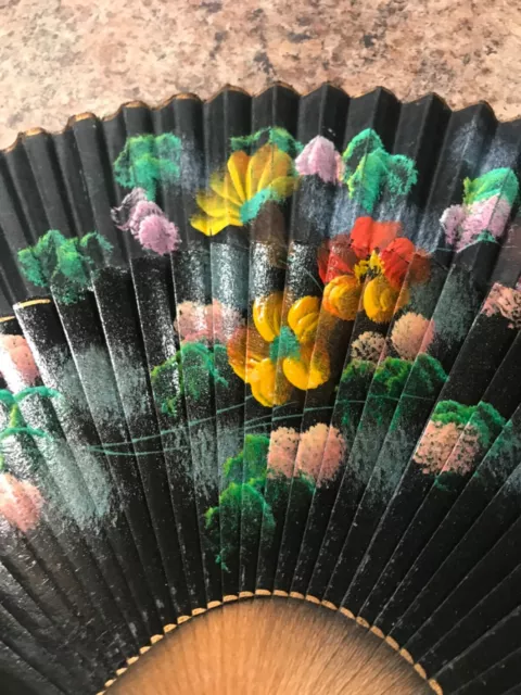 High Quality Hand Painted JAPANESE FOLDING FAN Black with Colorful Flowers 9inch 3
