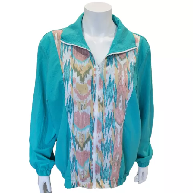 VINTAGE 1980s Blair Boutique womens seafoam green granny windbreaker sz. L