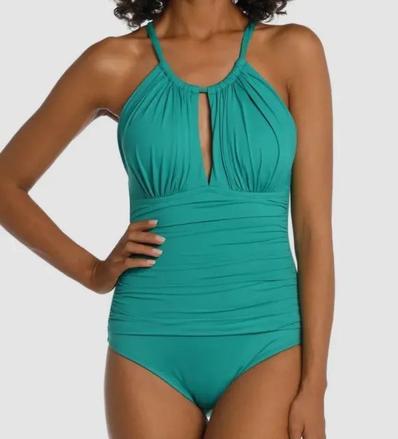 $120 La Blanca Women's Green Island Goddess High Neck One Piece Swimsuit Size 16