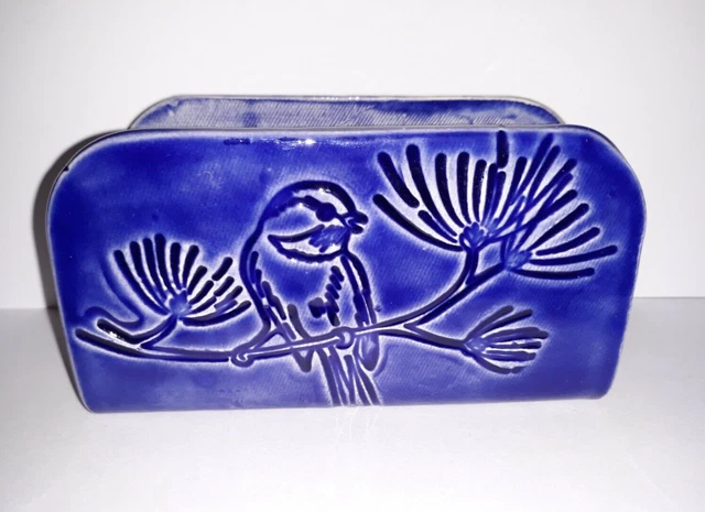 Rustic Hand Made Blue Ceramic Chickadee Bird Pine Tree Letter Holder Cottagecore