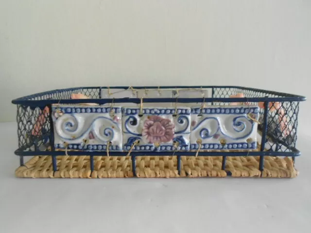 Plateau Décoratif - Fait Main - Petit - Céramique Bleue/Métal/Paille