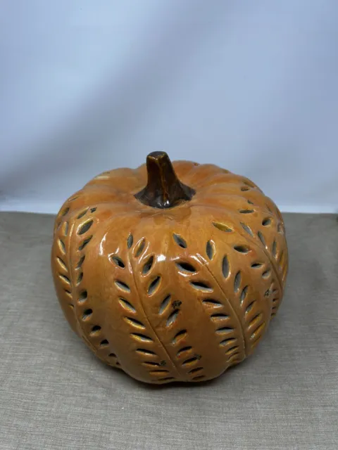 Pottery Barn Filigree Ceramic Punched Orange Pumpkin Luminary Halloween 8”