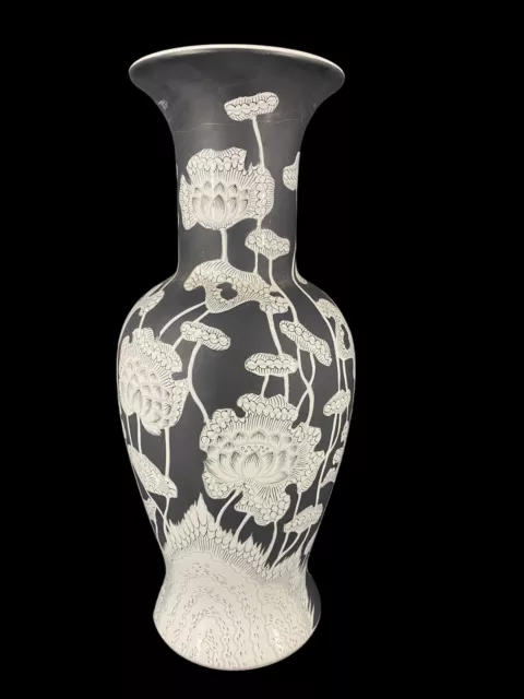 Asian Oriental Style Antique Porcelain Floral Vase Enamel Painted Black White