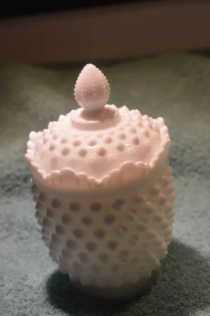 Vintage Fenton Hobnail White Milk Glass Lidded Candy Dish Bowl with Lid Standing