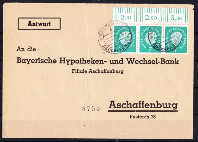 Bund Heuss III, 7 Pf Mi. 302 im waager. Paar 3er-Streifen OR reine MeF auf Brief