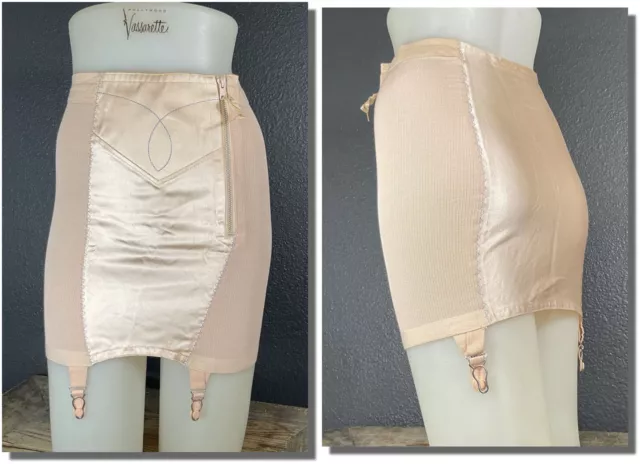 Vintage OB Peachy Pink Double Satin Panel Side Hook Girdle Blue Stitching 28