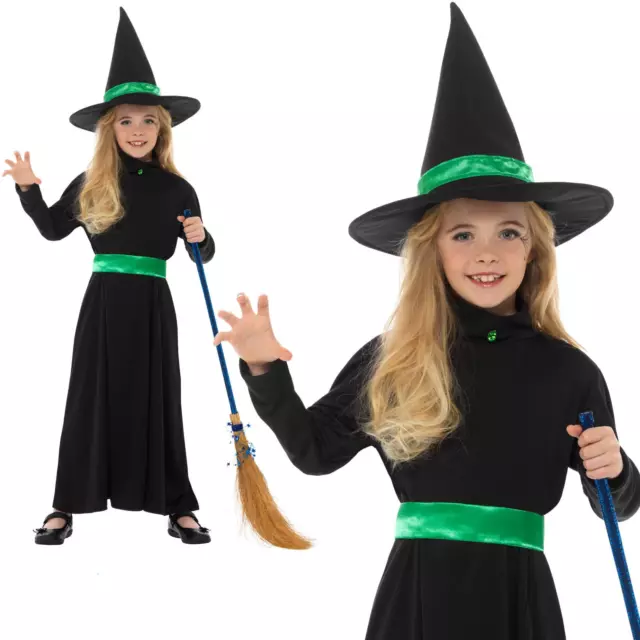 Wicked Costume da Strega + Cappello Halloween Ragazze Bambini S-L