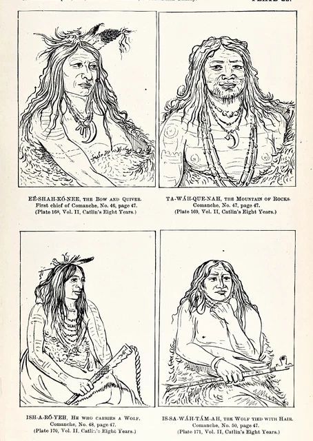 1885 Comanche Portraits Chiefs  Engraving George Catlin Native American