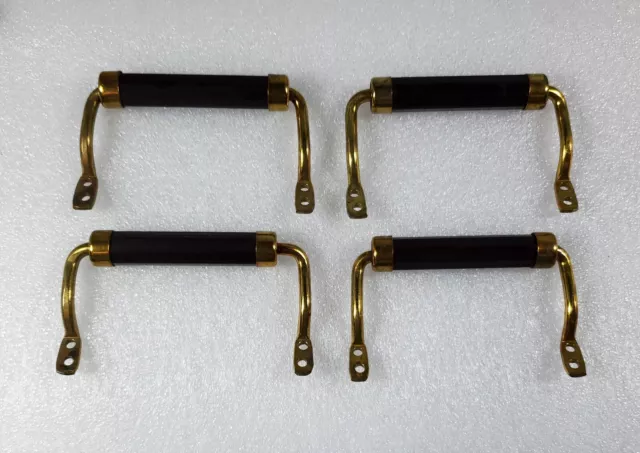 4 Vtg Brass & Wood Cabinet Drawer Pulls Dark Brown Mid Century Modern Handles