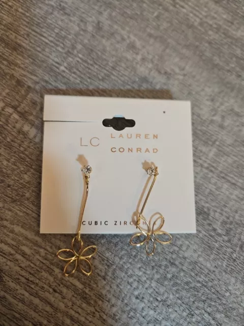 Lc Lauren Conrad Gold Plated Rhinestone Long Flower Earrings Nwt