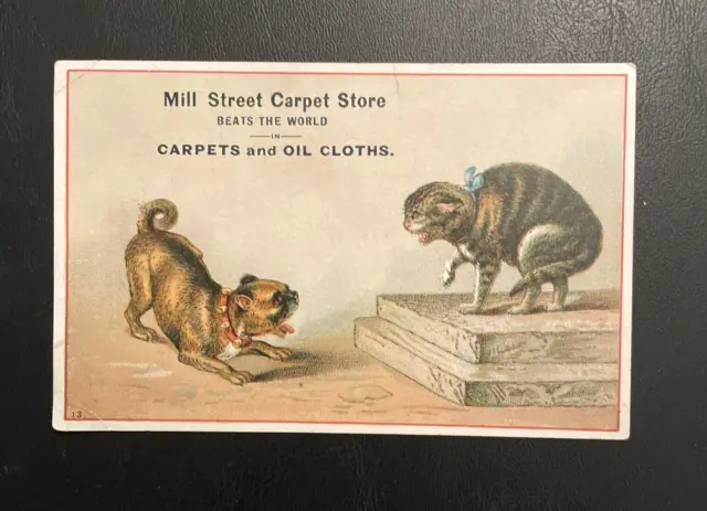 Cat vs Dog, Victorian Trade Card Mill Street Carpet Store - Beats the World