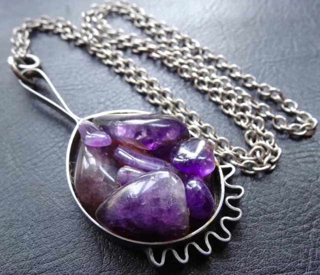 vintage 1970s modernist AMETHYST STAINLESS STEEL pendant chain necklace -C624 3