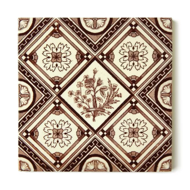 Antique Tile Victorian Aesthetic Floral Jackson Clay Hearth Transfer Brown White