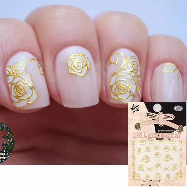 Nail Art Stickers Decals Transfers Vintage Flowers Roses Nail Art Metallic Gold 3