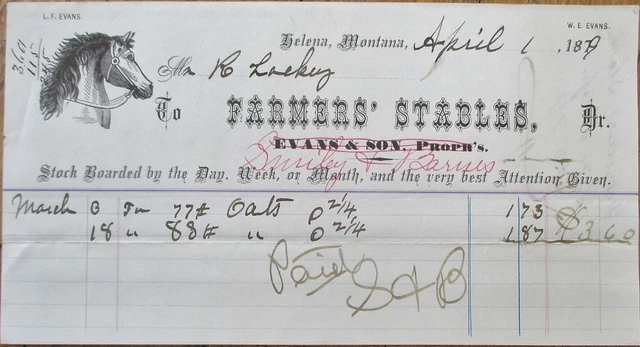 Helena, MT 1879 Letterhead: Farmers' Stables w/Horse - Montana - April Fools Day