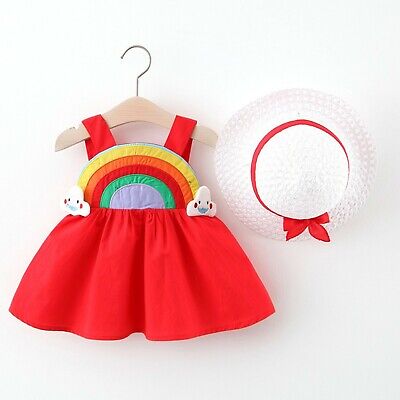 Baby Kids Girls Sleeveless Rainbow Print Princess Dress+Hats Set Outfits Clothes