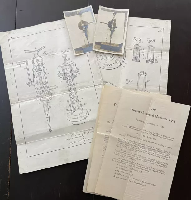 ATQ 1918 Original Patent Drawings Photos Ad Copy Truyter Universal Hammer Drill