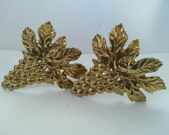 Curtain Tie Backs Pair (2)  Brass 7"  Wall Mount Leaf Grape Clusters New