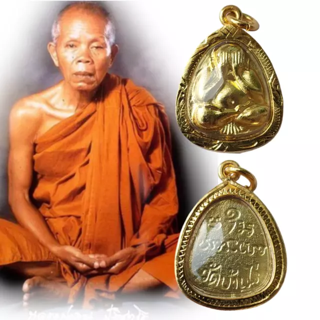Phra Pidta LP Koon Thai Buddha Amulet Talisman Pendant Gold Micron Case