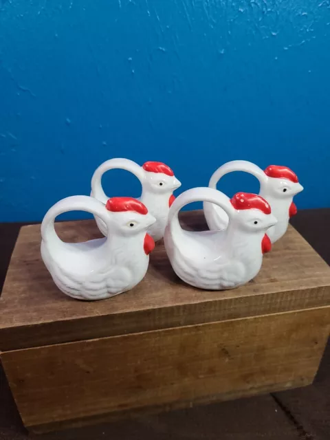 Vintage Set of 4 White and Red Ceramic Rooster Chicken Napkin Ring Holders