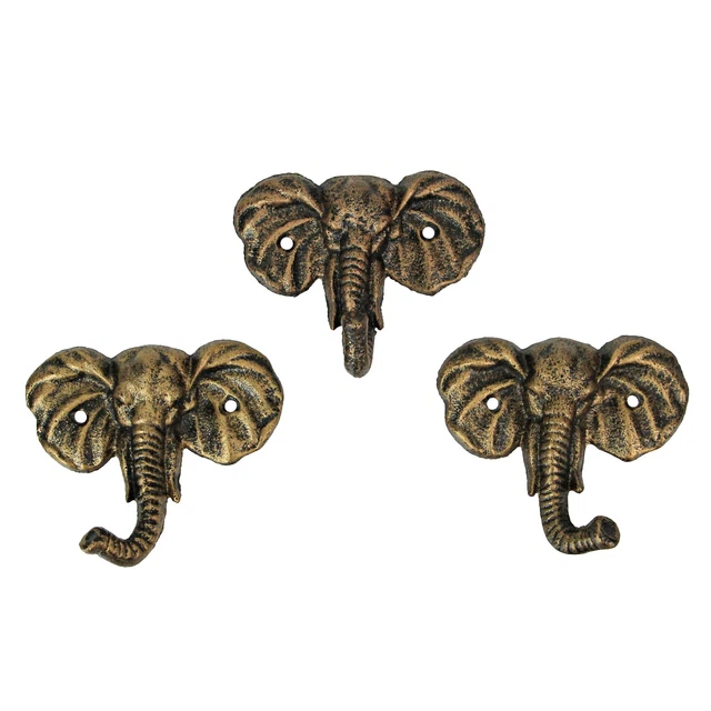 Set of 3 Antique Gold Cast Iron Elephant Wall Hook Key Hanger Home Decor