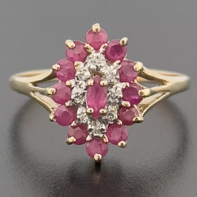 9ct Yellow Gold Ruby & Diamond Cluster Ring Size U