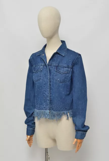 FENDI Vintage Blue Rhinestone Frayed Fringed Denim Jacket Size 44 Made in Italy