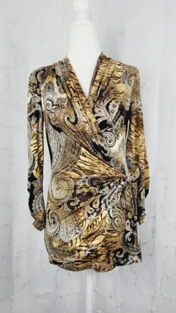 XS CACHE Ruched Faux Wrap Stretch Top Women's Black & Gold Metallic Print NWT XS CACHE Ruched Faux Wrap Stretch Top Women's Black & Gold Metallic Print NWT