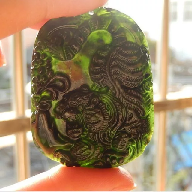 Natural Black Green Jade Carved Chinese Tiger Lucky Pendant Necklace Jewelry