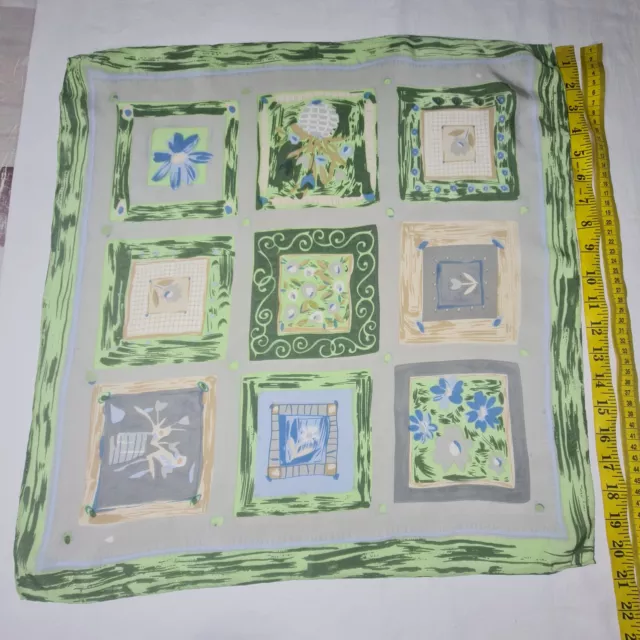 Vintage Luxurious Floral Crepe Silk Neckerchief Bandana Green  Scarf Hand Rolled